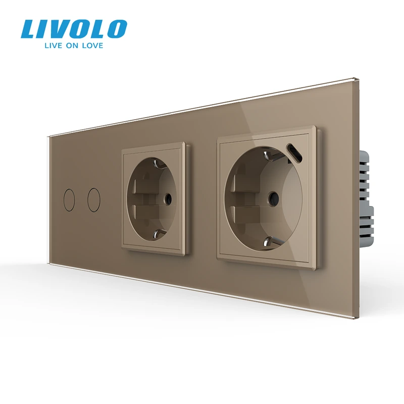 Подвійний сенсорний димер LIVOLO з розеткою та розеткою з USB Type-C 18Вт, заземлення, золотий, скло, 16A 230V — Livolo