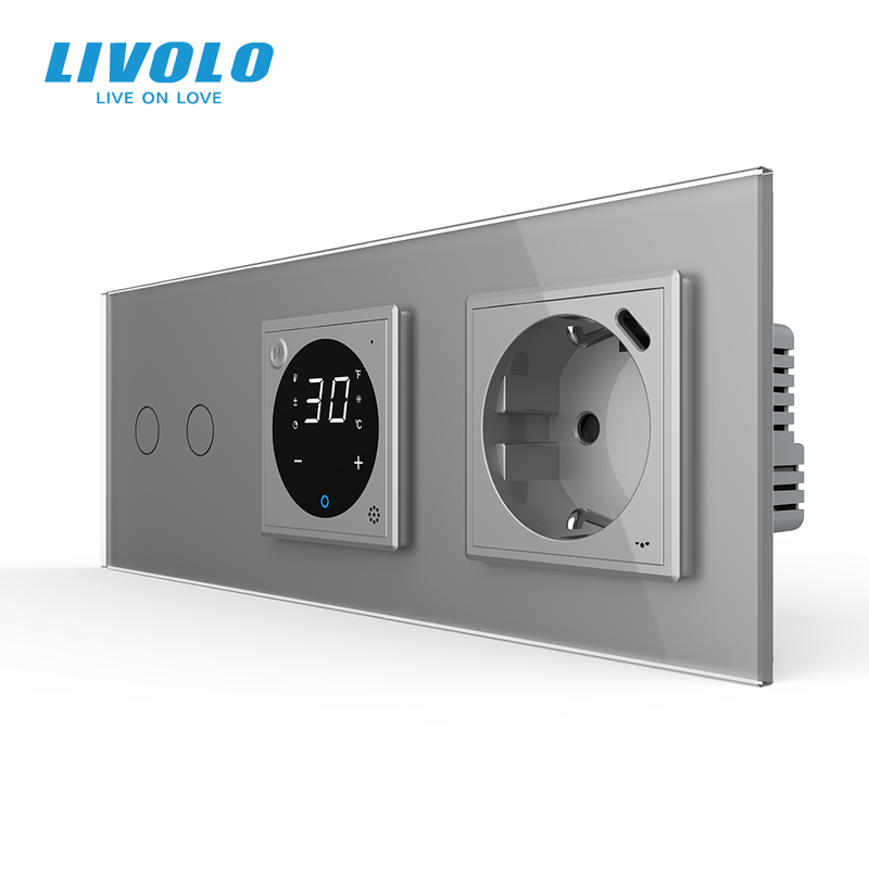 Подвійний сенсорний димер LIVOLO з терморегулятором та розеткою з USB Type-C 18Вт, заземлення, сірий, скло — Livolo