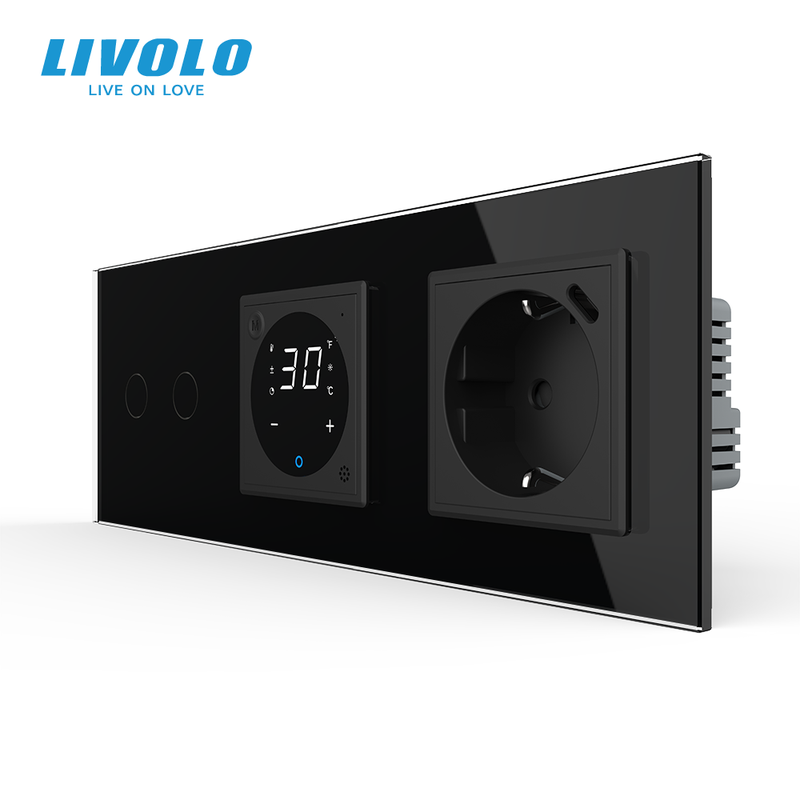 Подвійний сенсорний димер LIVOLO з терморегулятором та розеткою з USB Type-C 18Вт, заземлення, чорний, скло