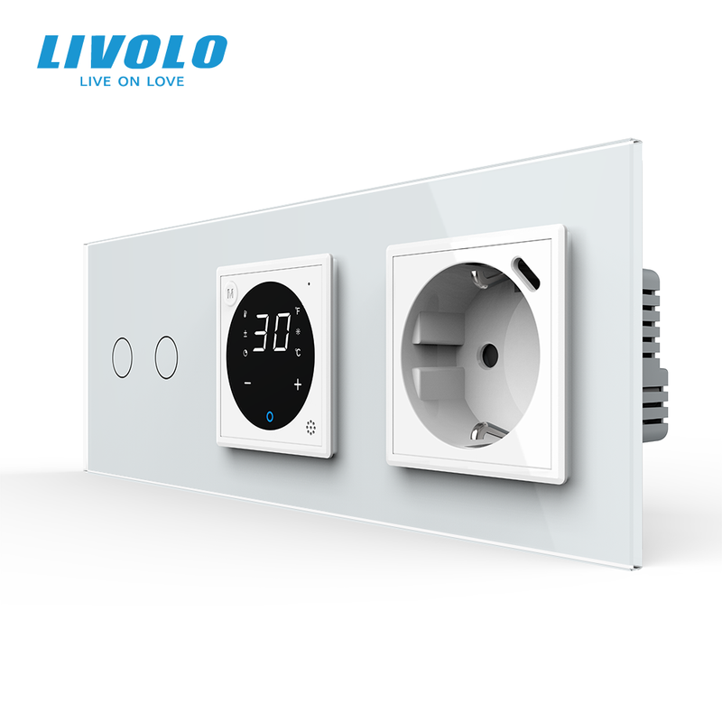 Подвійний сенсорний димер LIVOLO з терморегулятором та розеткою з USB Type-C 18Вт, заземлення, білий, скло — Livolo