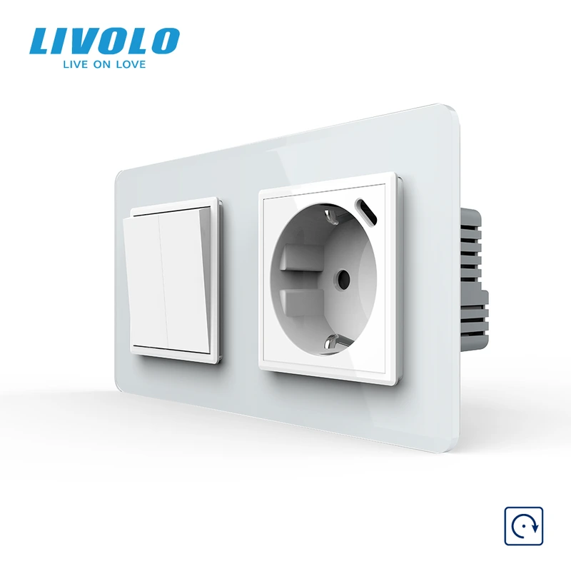 Подвійний вимикач без фіксації LIVOLO з розеткою та USB Type-C 18Вт, білий 2.5D, скло, заземлення