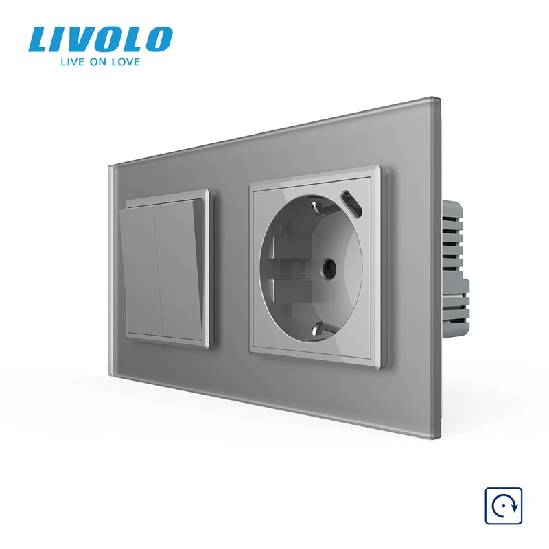 Подвійний вимикач без фіксації LIVOLO з розеткою та USB Type-C 18Вт, сірий матовый, скло, заземлення