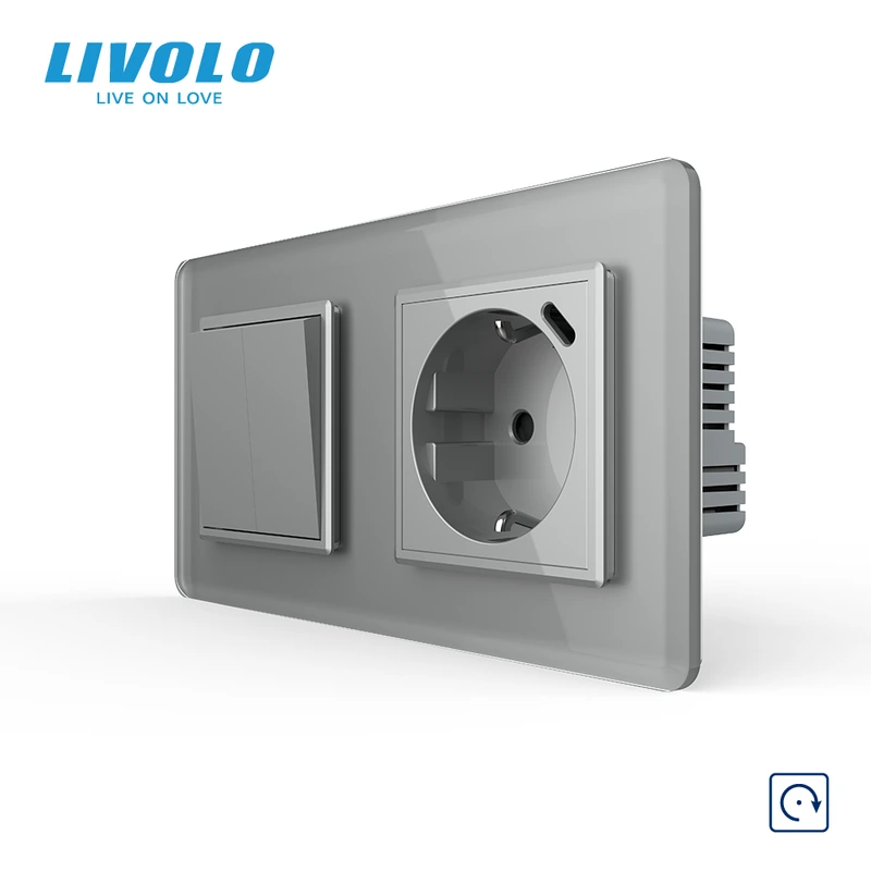Подвійний вимикач без фіксації LIVOLO з розеткою та USB Type-C 18Вт, сірий 2.5D, скло, заземлення