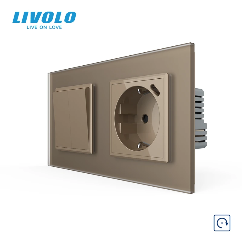 Подвійний вимикач без фіксації LIVOLO з розеткою та USB Type-C 18Вт, золотий матовый, скло, заземлення