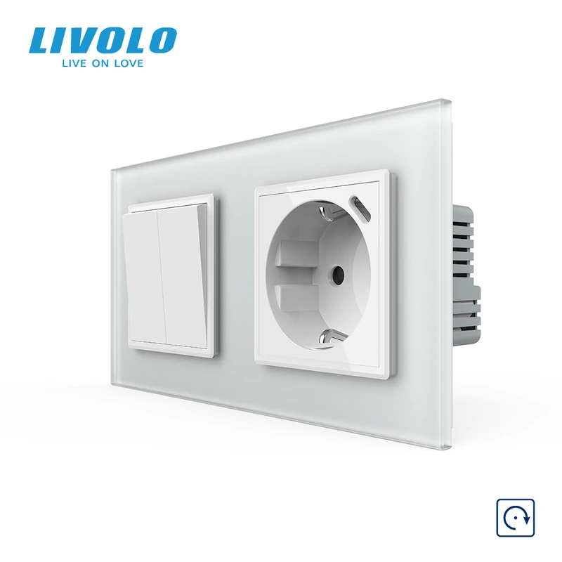 Подвійний вимикач без фіксації LIVOLO з розеткою та USB Type-C 18Вт, білий матовый, скло, заземлення