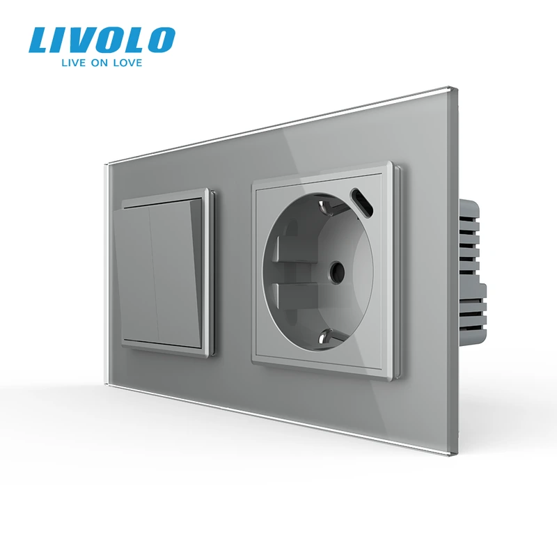 Подвійний вимикач без фіксації LIVOLO з розеткою та USB Type-C 18Вт, сірий, скло, заземлення
