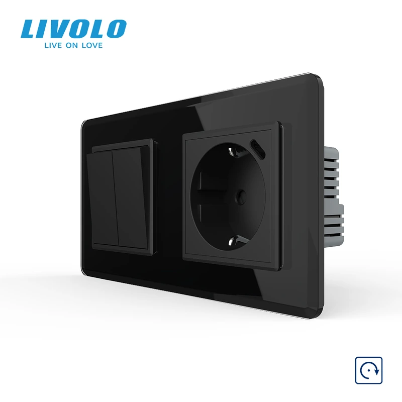 Подвійний вимикач без фіксації LIVOLO з розеткою та USB Type-C 18Вт, чорний 2.5D, скло, заземлення