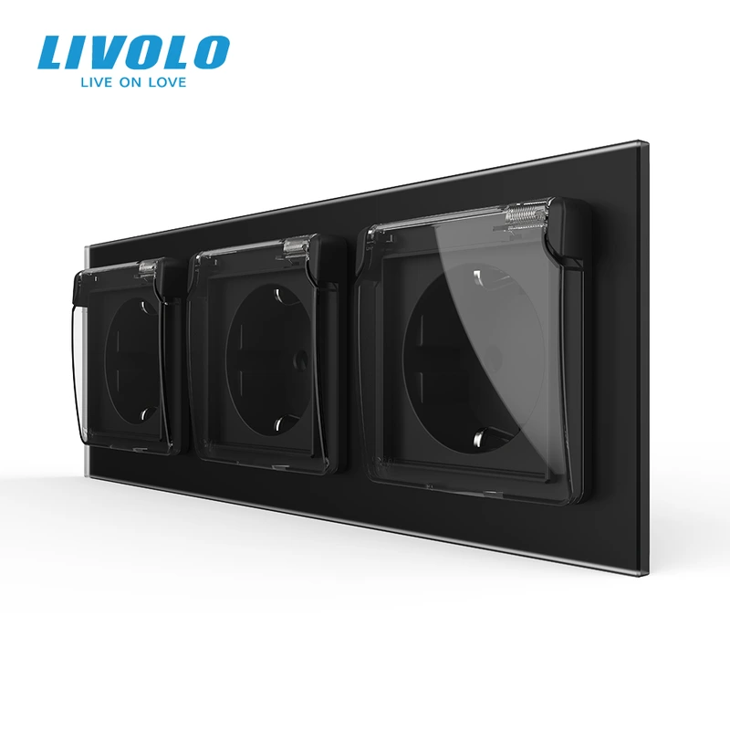 Потрійна електрична розетка вологозахисна з кришкою IP44 з заземленням, LIVOLO, чорна, скляна матова рамка, шторки, 250В 16А