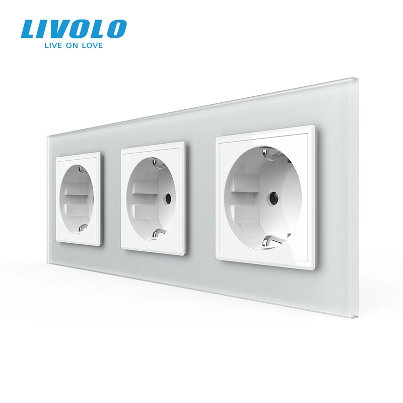 Потрійна електрична розетка з заземленням LIVOLO, біла, скляна матова рамка, шторки, 250В 16А