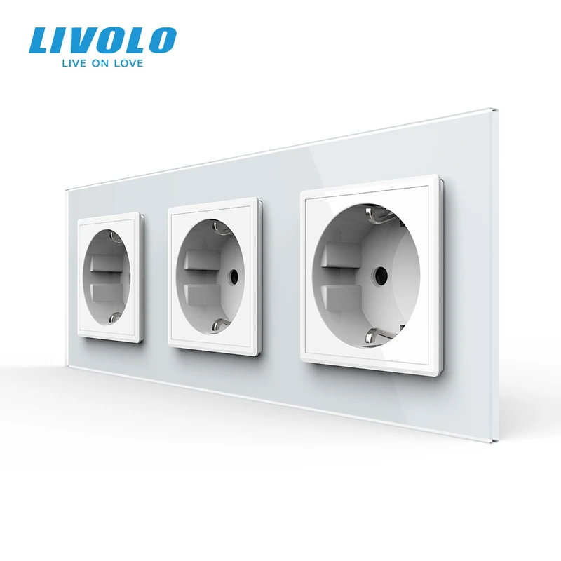 Потрійна електрична розетка з заземленням LIVOLO, біла, скляна 2.5D рамка, шторки, 250В 16А