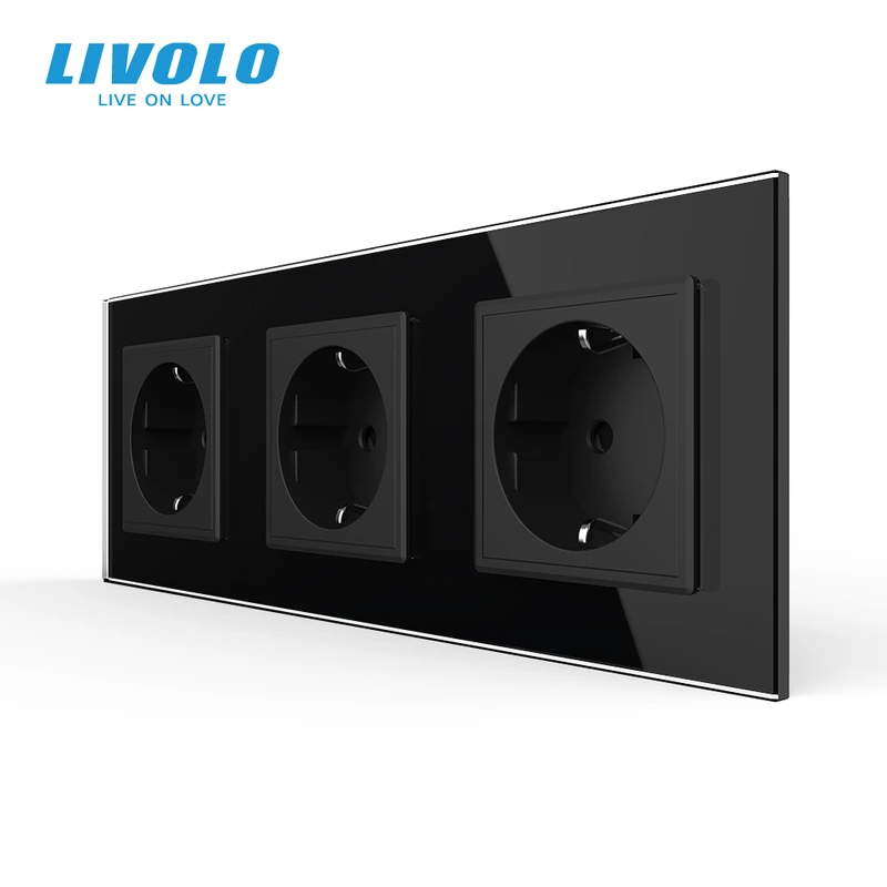 Потрійна електрична розетка з заземленням LIVOLO, чорна, скляна рамка, шторки, 250В 16А (VL-C7C3EU-12) (VL-C7FCTC16A-6BP)