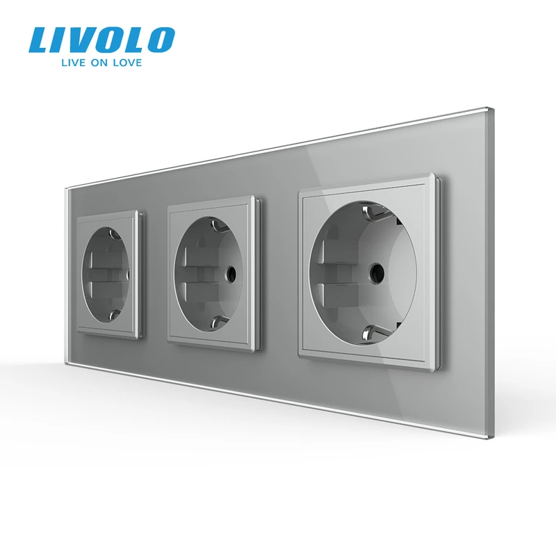 Потрійна електрична розетка з заземленням LIVOLO, сіра, скляна 2.5D рамка, шторки, 250В 16А