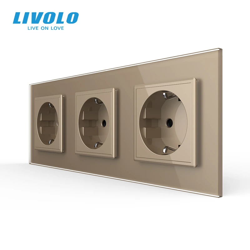 Потрійна електрична розетка з заземленням LIVOLO, золота, скляна 2.5D рамка, шторки, 250В 16А