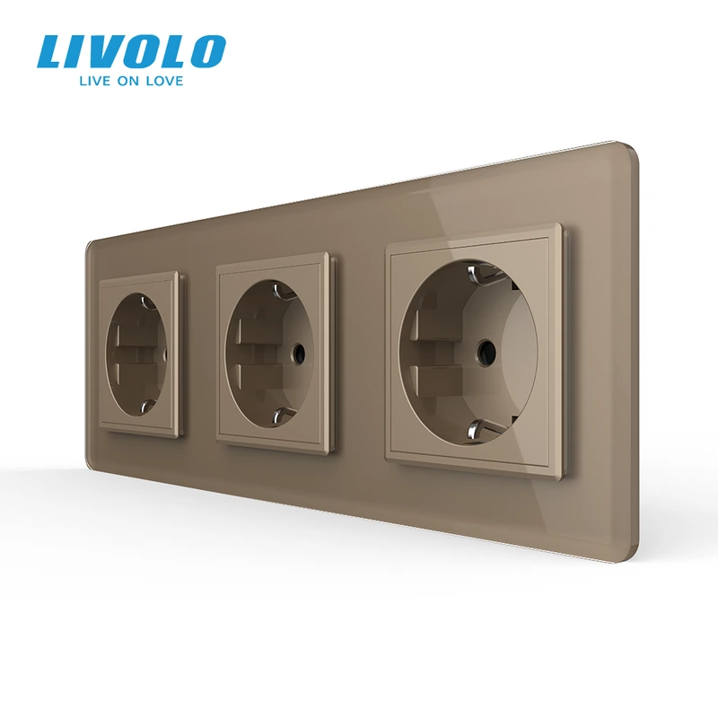 Потрійна електрична розетка з заземленням LIVOLO, золота, скляна 2.5D рамка, шторки, 250В 16А