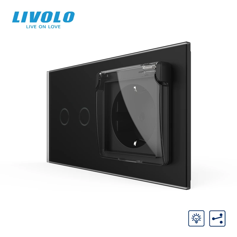 Прохідний сенсорний димер LIVOLO 2 сенсори з розеткою IP44, чорний матовый, 16A 230V, із заземленням, шторки