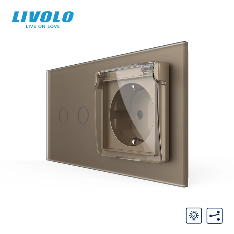 Прохідний сенсорний димер LIVOLO 2 сенсори з розеткою IP44, золотий матовый, 16A 230V, із заземленням, шторки