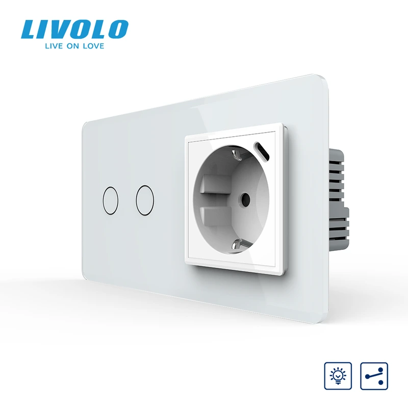 Прохідний сенсорний димер LIVOLO на 2 сенсори з розеткою та USB Type-C 18Вт, білий 2.5D, заземлення