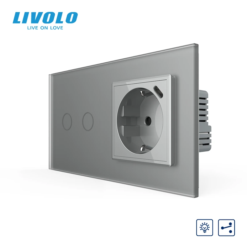 Прохідний сенсорний димер LIVOLO на 2 сенсори з розеткою та USB Type-C 18Вт, сірий матовый, заземлення