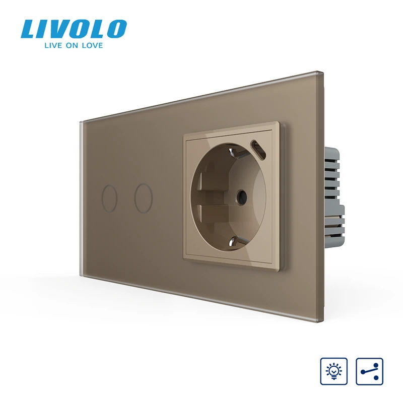 Прохідний сенсорний димер LIVOLO на 2 сенсори з розеткою та USB Type-C 18Вт, золотий матовый, заземлення