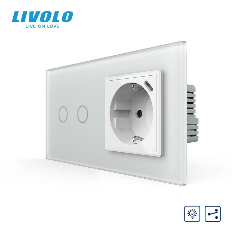Прохідний сенсорний димер LIVOLO на 2 сенсори з розеткою та USB Type-C 18Вт, білий матовый, заземлення