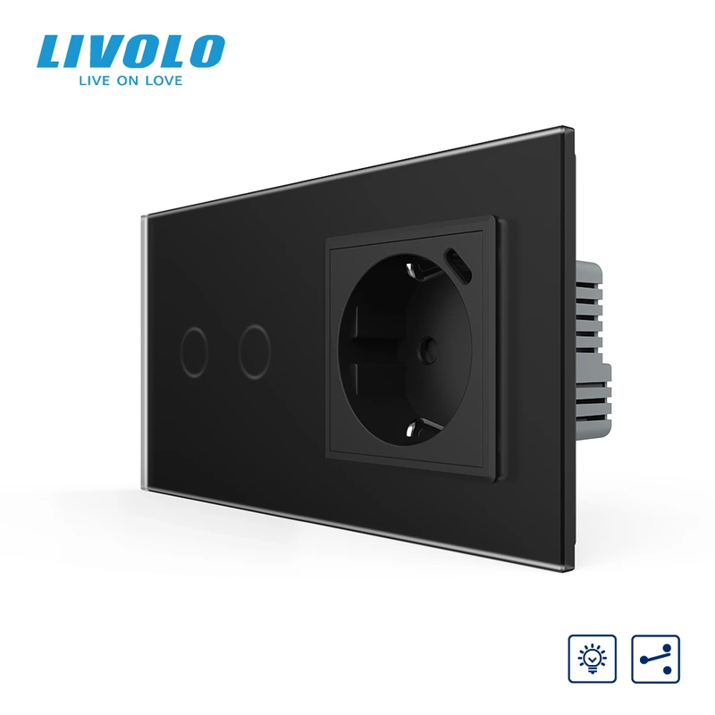Прохідний сенсорний димер LIVOLO на 2 сенсори з розеткою та USB Type-C 18Вт, чорний матовый, заземлення