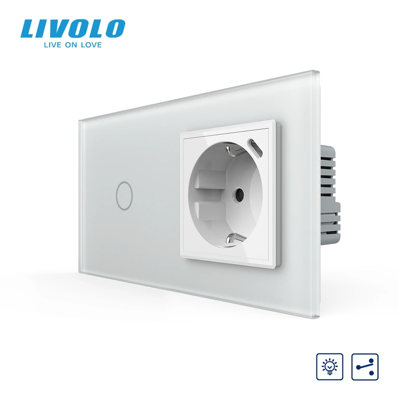 Прохідний сенсорний димер LIVOLO з розеткою та USB Type-C 18Вт, білий матовый, із заземленням і захисними шторками — Livolo