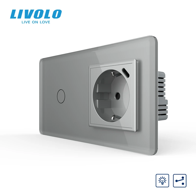 Прохідний сенсорний димер LIVOLO з розеткою та USB Type-C 18Вт, сірий 2.5D, із заземленням і захисними шторками