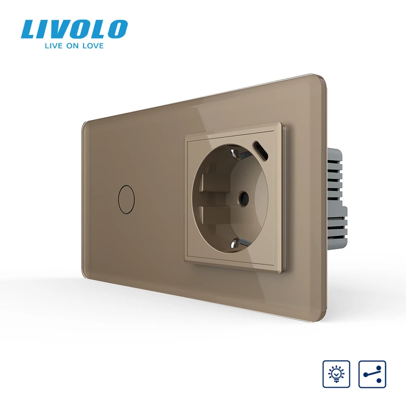 Прохідний сенсорний димер LIVOLO з розеткою та USB Type-C 18Вт, золотий 2.5D, із заземленням і захисними шторками
