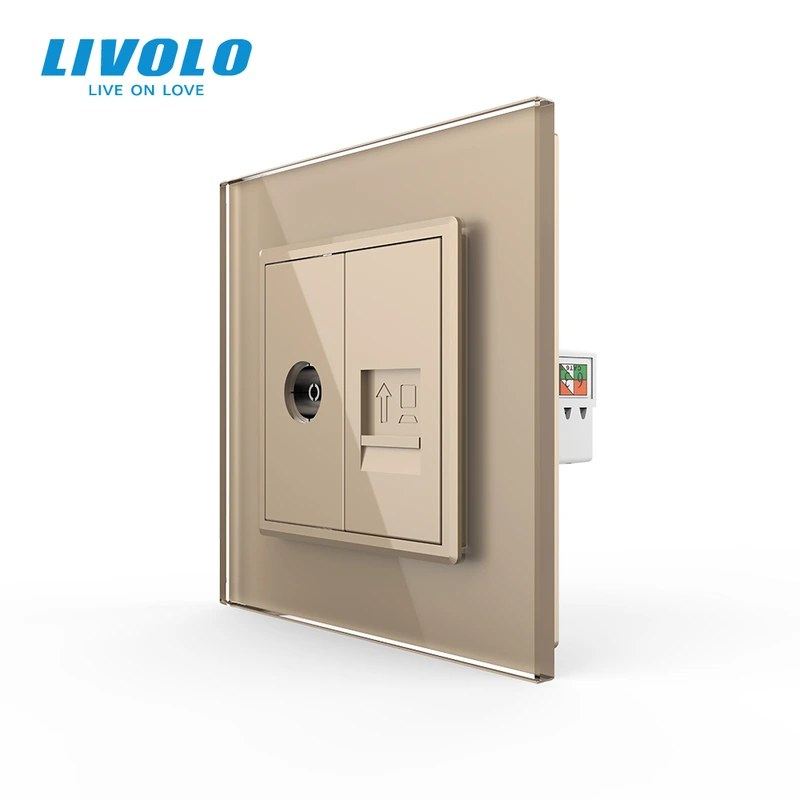 Розетка комп'ютерна RJ-45 і ТБ розетка Livolo золото скло (VL-C791VC-13)
