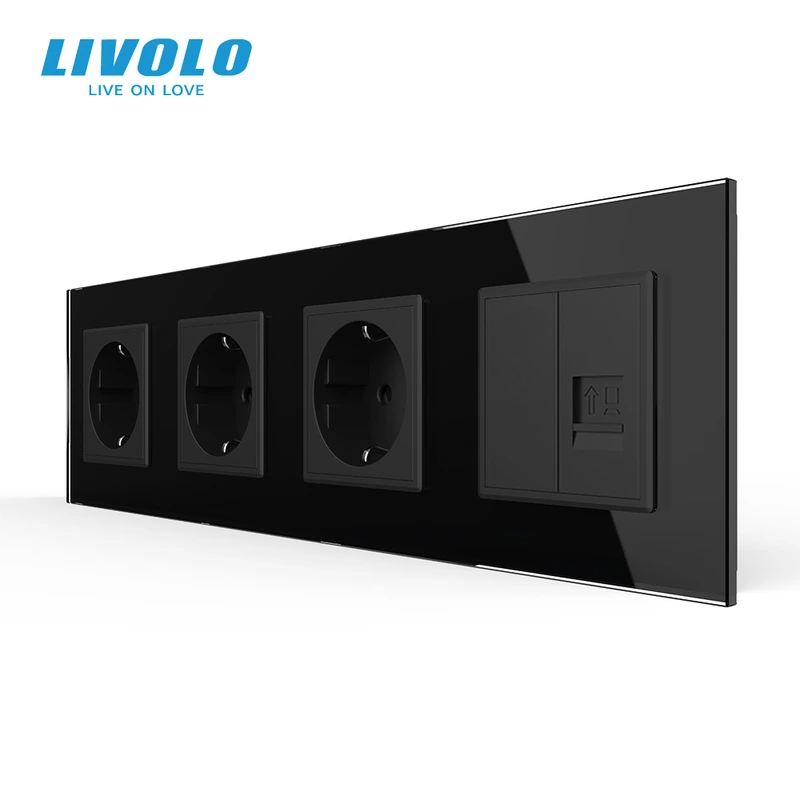 Розетка чотиримісна комбінована Силова Інтернет LIVOLO чорна 2.5D скло