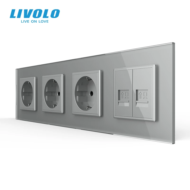 Розетка чотиримісна з двома інтернет портами RJ-45, LIVOLO сіра, настінна дизайнерська, скляна рамка
