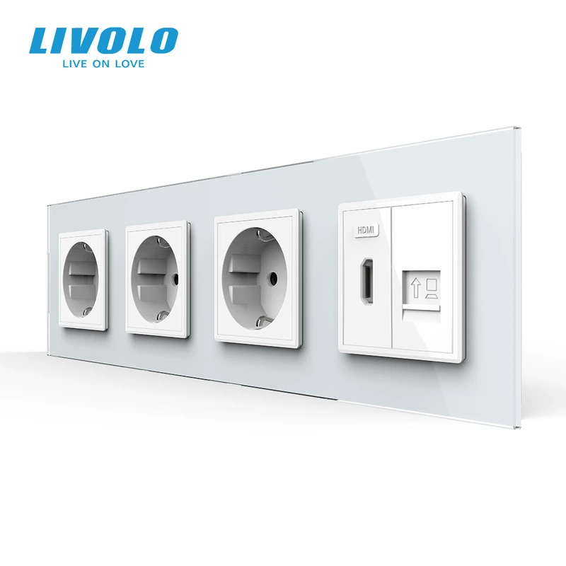 Розетка чотиримісна з HDMI і Інтернет RJ-45, LIVOLO біла, настінна, скляна рамка — Livolo