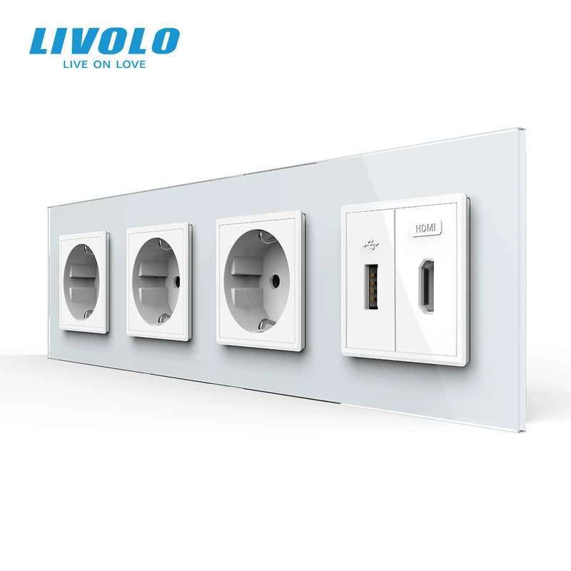 Розетка чотиримісна з USB 10Вт, інтернет портом RJ-45 і HDMI, біла, настінна дизайнерська, скляна рамка — Livolo