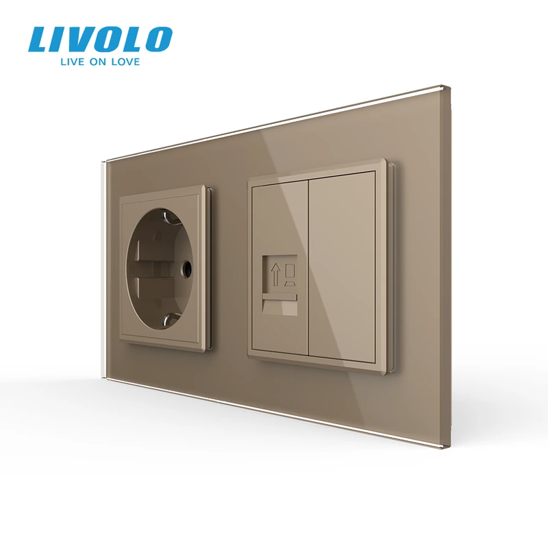 Розетка двомісна комбінована Силова Інтернет LIVOLO золота 2.5D скло
