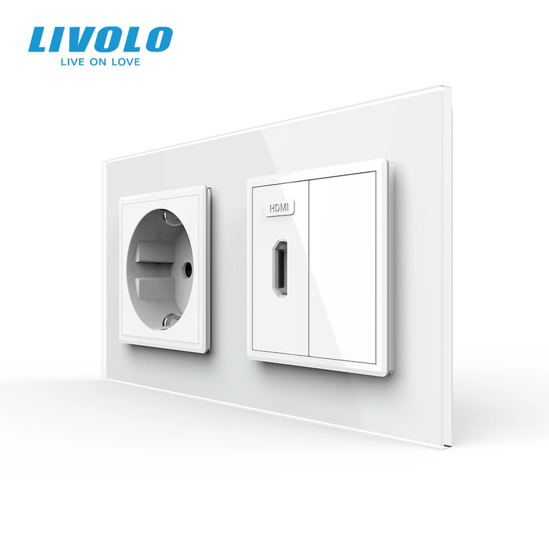 Розетка HDMI LIVOLO, біла, настінна дизайнерська, скляна рамка — Livolo