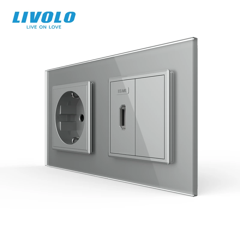 Розетка HDMI LIVOLO, сіра, настінна дизайнерська, скляна рамка — Livolo