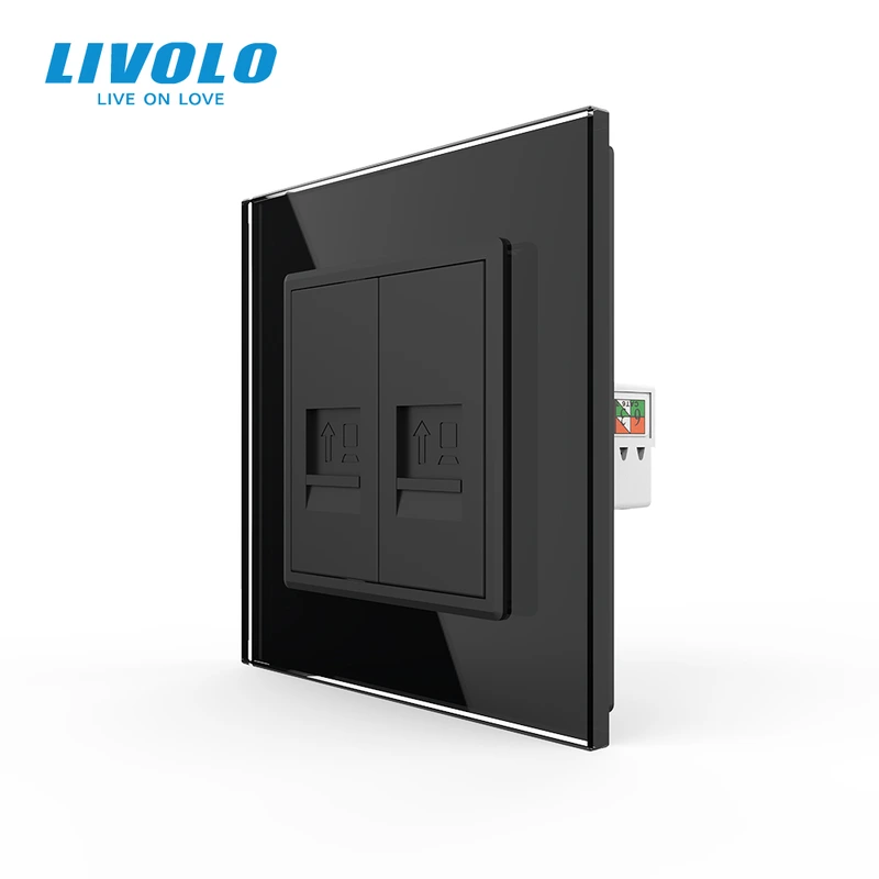 Розетка комп'ютерна подвійна RJ-45 Livolo чорний скло (VL-C792C-12) (VL-C7FCCP/FCCP-2BP)