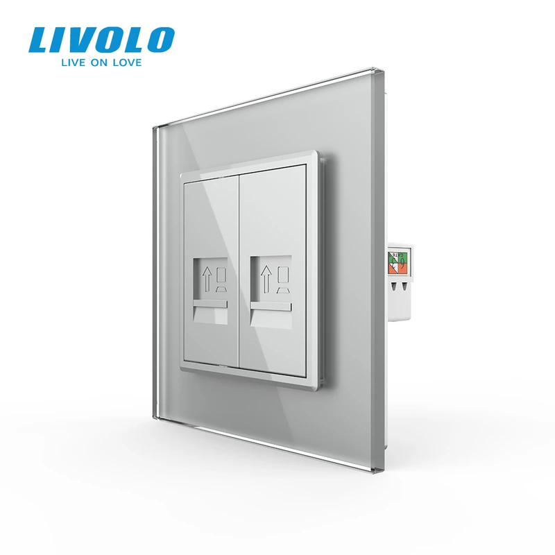 Розетка комп'ютерна подвійна RJ-45 Livolo сірий скло (VL-C792C-15) (VL-C7FCCP/FCCP-2IP)