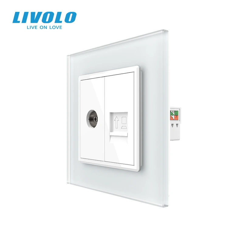 Розетка комп'ютерна RJ-45 і ТБ розетка LIVOLO біла матова скло