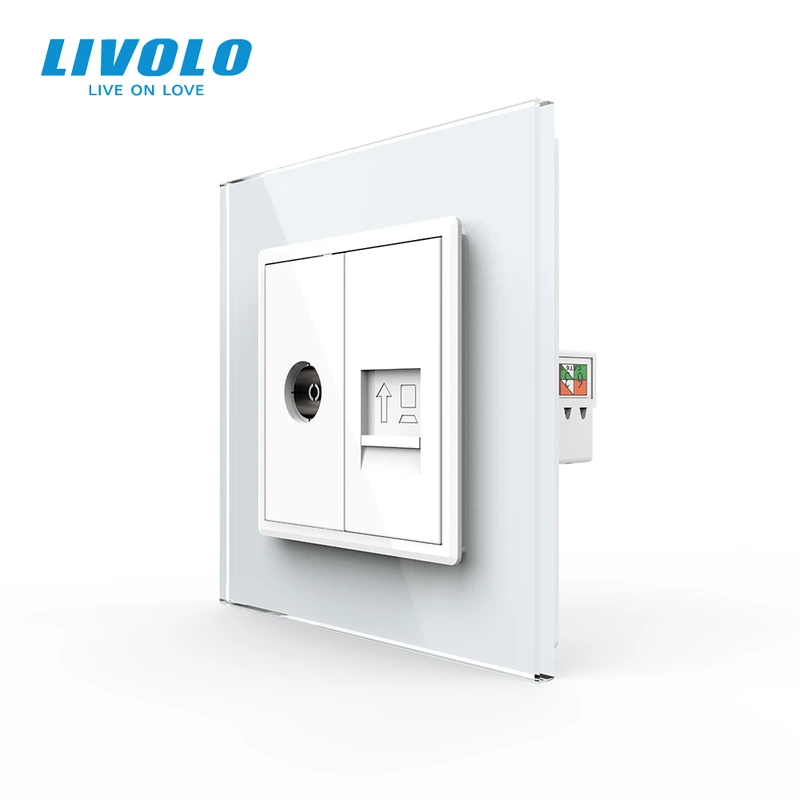 Розетка комп'ютерна RJ-45 і ТБ розетка Livolo білий скло (VL-C791VC-11) (VL-C7FCCP/FCTV-2WP)