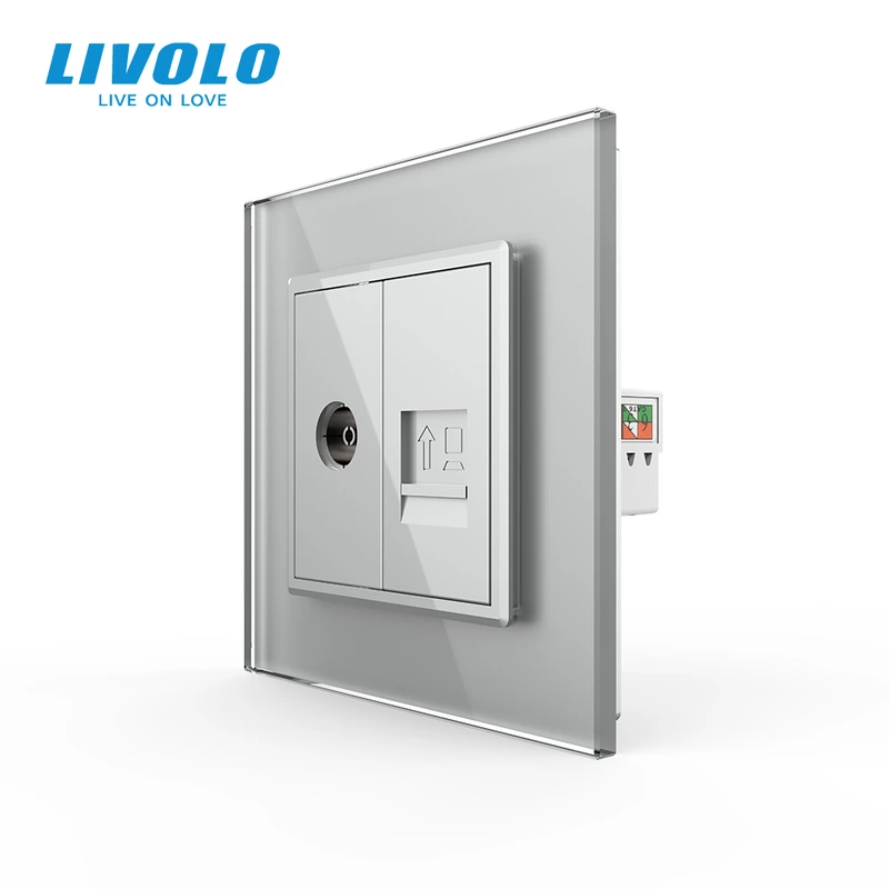 Розетка комп'ютерна RJ-45 і ТБ розетка LIVOLO сіра 2.5D скло