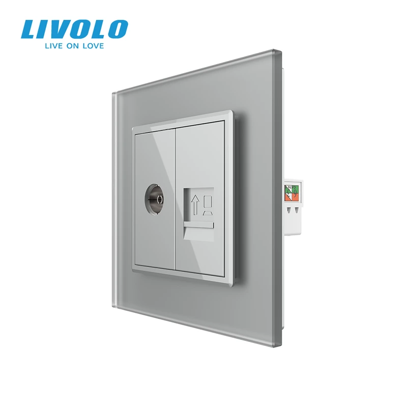 Розетка комп'ютерна RJ-45 і ТБ розетка LIVOLO сіра матова скло
