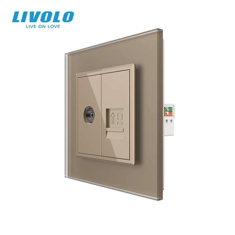 Розетка комп'ютерна RJ-45 і ТБ розетка LIVOLO золота матова скло