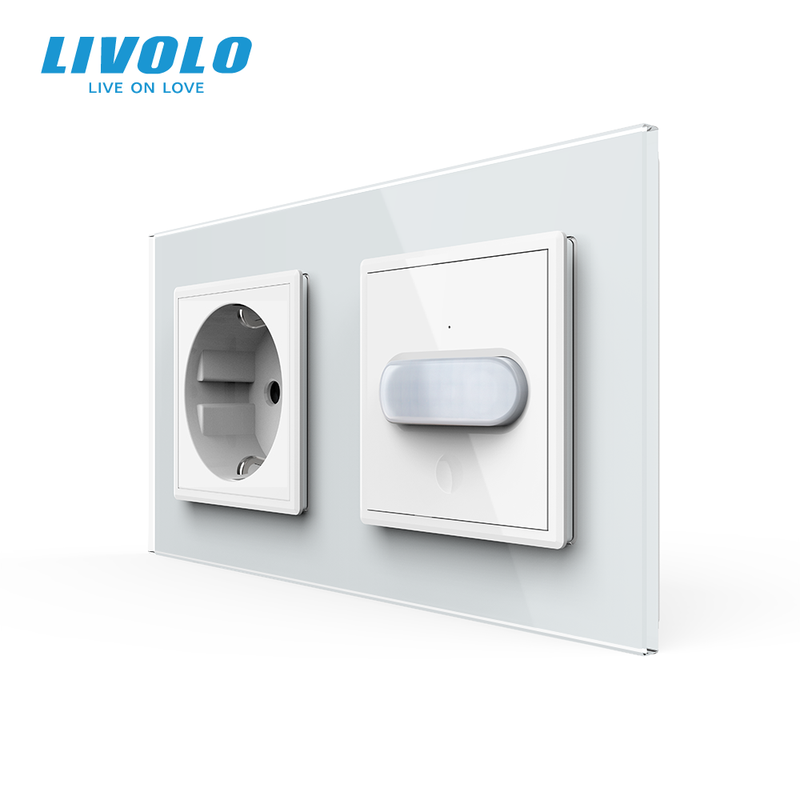 Розетка LIVOLO із заземленням і датчиком руху, біла, настінна дизайнерська, скляна рамка, 250В 16А — Livolo