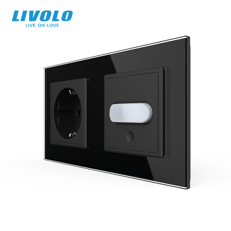 Розетка LIVOLO із заземленням і датчиком руху, чорна, настінна дизайнерська, скляна рамка, 250В 16А — Livolo