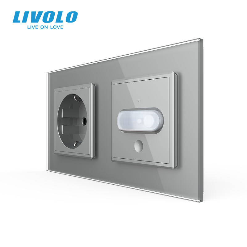 Розетка LIVOLO із заземленням і датчиком руху, сіра, настінна дизайнерська, скляна рамка, 250В 16А — Livolo