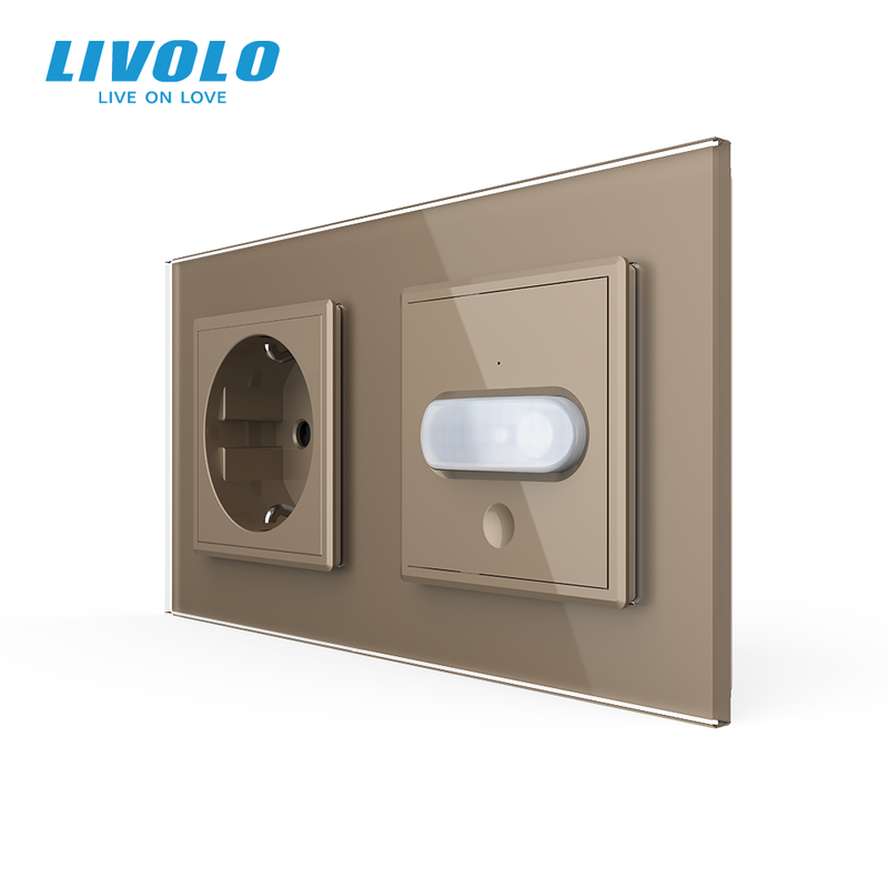 Розетка LIVOLO із заземленням і датчиком руху, золота, настінна дизайнерська, скляна рамка, 250В 16А — Livolo