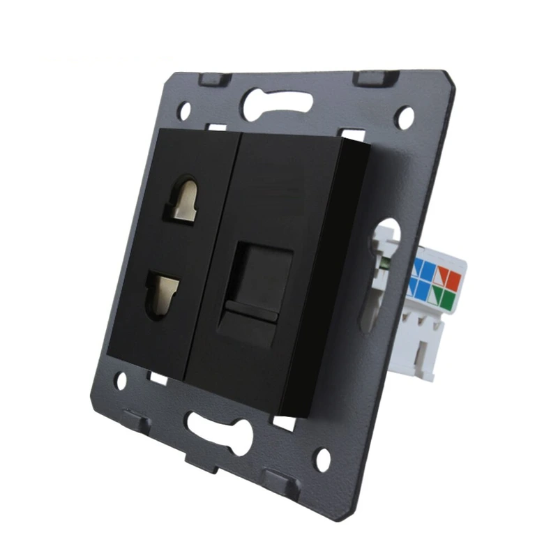 Розетка LIVOLO: універсальна 2-в-1 + комп'ютерна RJ-45 (8P8C Cat.6), чорна, зі шторкою, модуль (C7-C1A1C-12) — Livolo