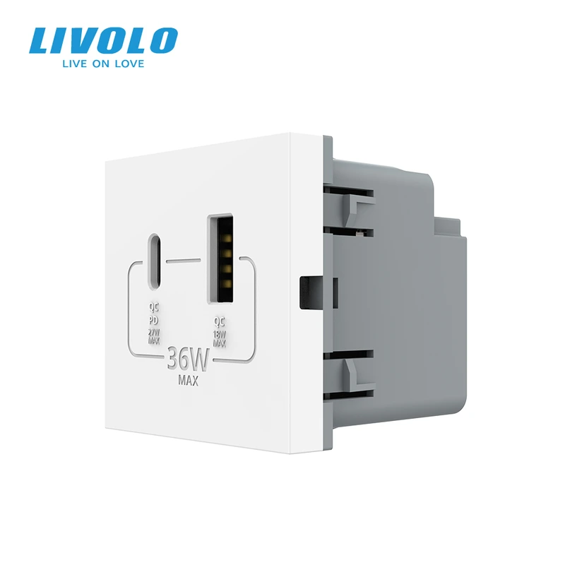 Розетка LIVOLO USB-A + USB-C PD 36Вт, біла, швидке заряджання, Power Delivery QC 3.0, модуль (VL-FCUA18W.UC18W-2WP) (VL-FCUA18W.UC18W-2WPS24)