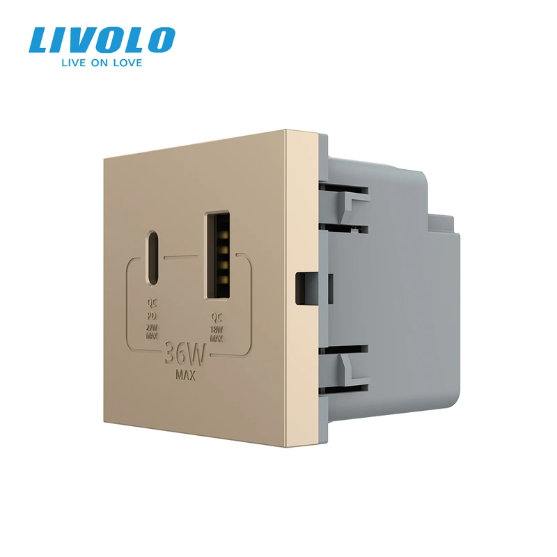 Розетка LIVOLO USB-A + USB-C PD 36Вт, золота, швидке заряджання, Power Delivery QC 3.0, модуль (VL-FCUA18W.UC18W-2AP) (VL-FCUA18W.UC18W-2APS24)